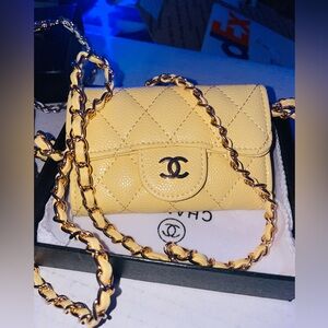 💐💛Chanel yellow Mini Quilted Bag with Gold Chain Vegan Leather